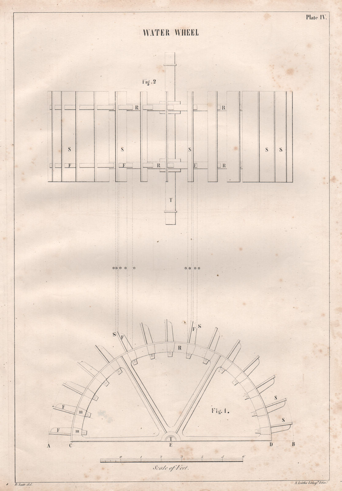 VICTORIAN ENGINEERING DRAWING. Water wheel 1847 old antique print picture